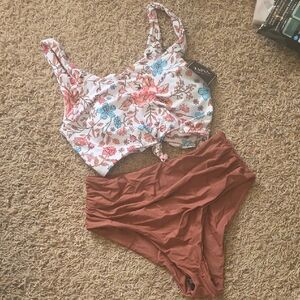 NWT Zaful Floral and Rust High Waisted Bikini Set